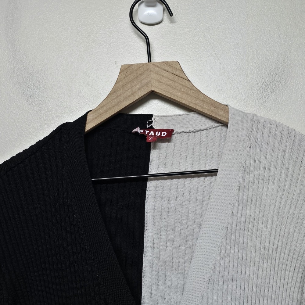 STAUD Shoko Sweater Cardigan Dress Black Beige Ribbed Long Sleeve Colorblock XL - Picture 2 of 7